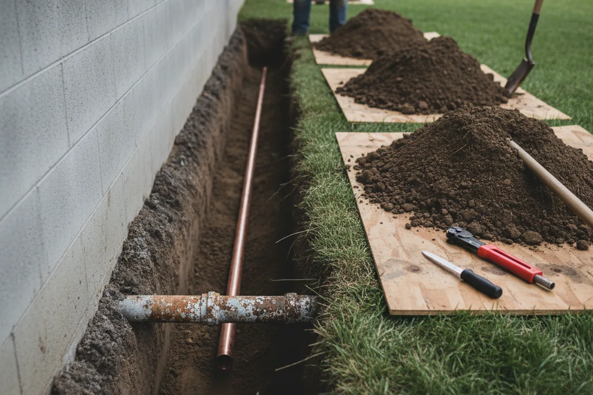 Excavated water line trench during Water Softener Installation in Cookeville